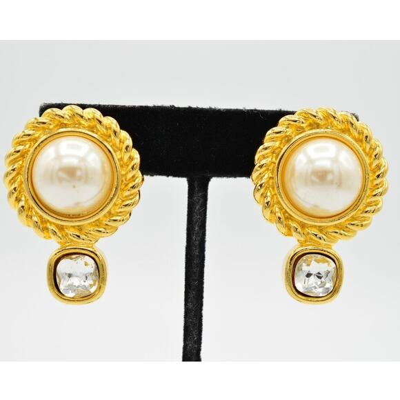 Givenchy Vintage Crystal Clip Earrings Pearl Rhinestone Chunky Signed 1980s Bin1 - Picture 1 of 11